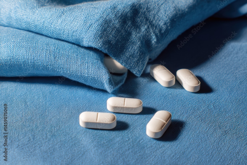 Poster soft minimalist still life features white pills resting on a blue fabric background in a serene arra