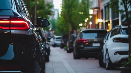 Naklejka premium A dark-colored SUV parked on a city street at dusk, with other vehicles blurred in the background, showcasing the vehicle's taillight and side mirror. : Generative AI