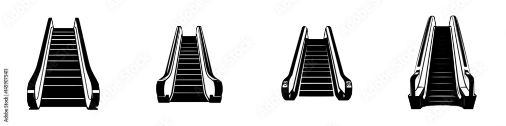 Poster Flat black icon representing different styles of escalators in a minimalist design