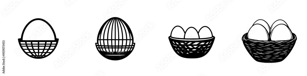 Poster different styles of black icons representing baskets and eggs, suitable for various design projects 