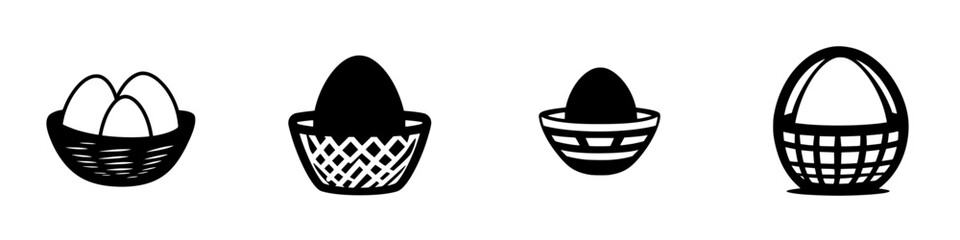 Collection of flat black basket icons featuring different egg arrangements in minimalist design style