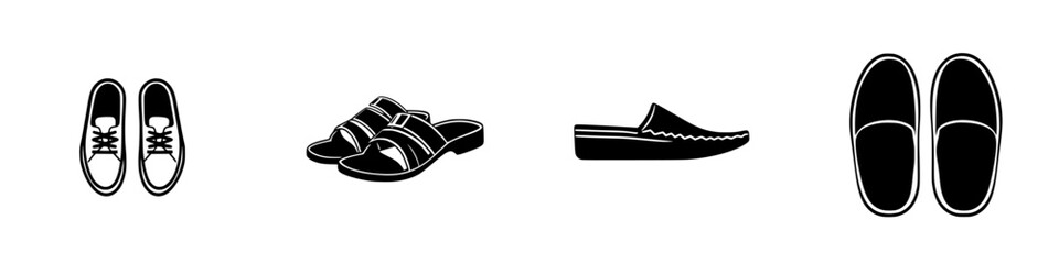 Set of flat black icons showing various types of footwear including sneakers, sandals, slippers, and casual shoes