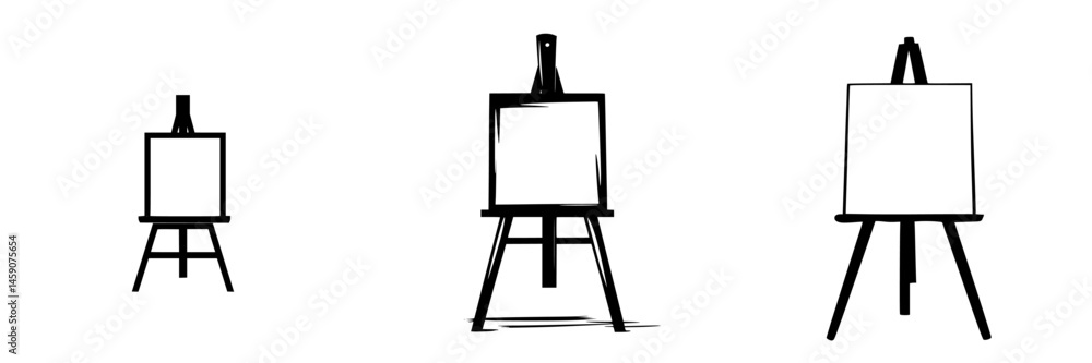 Poster flat black icon of easels displayed in three different positions highlighting artistry and creativit