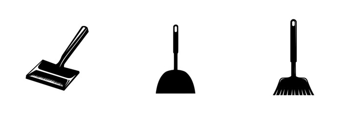 Cleaning tools for home maintenance with a flat black icon design showcasing a scraper, dustpan, and broom