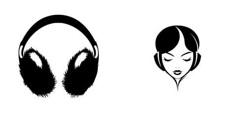 Stylish black icon featuring headphones and a woman enjoying music in a minimalist design