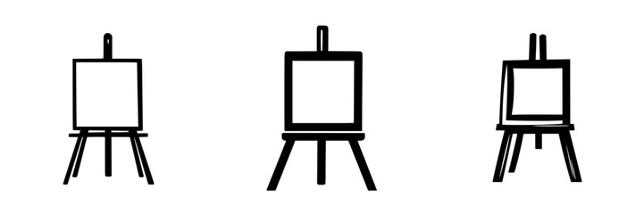Flat black icons depicting easels in three different orientations for artistic representation