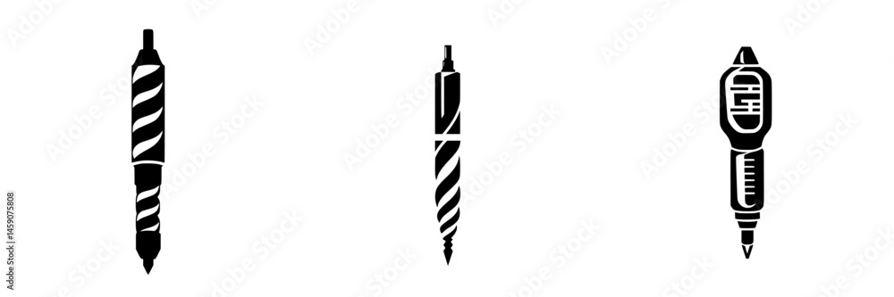 Poster flat black icons representing various writing instruments displaying unique design features in a min