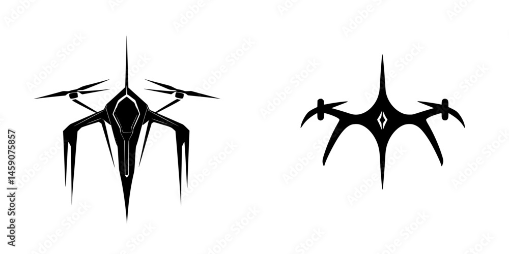Poster stylized black icon representing a futuristic drone design with sharp edges and unique silhouette