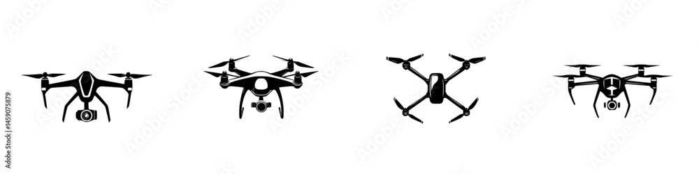 Poster flat black icons representing different types of drones with various designs and features for graphi