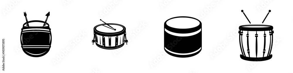 Poster collection of flat black drum icons representing various types and styles of percussion instruments 