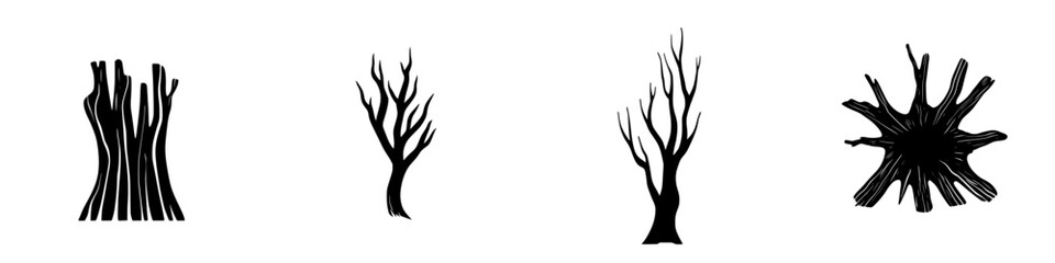 Collection of flat black tree icons showcasing various forms and styles for design purposes
