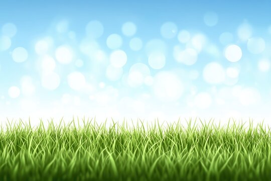 Lush green grass against a bright, light blue sky with bokeh