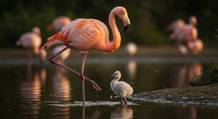 Fototapeta premium Flamingos in water with a chick.