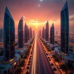 Obraz premium City skyline at sunset with modern skyscrapers
