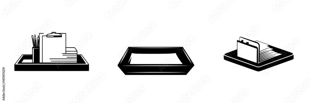 Poster black icons representing office organization with trays and files for improved workspace efficiency