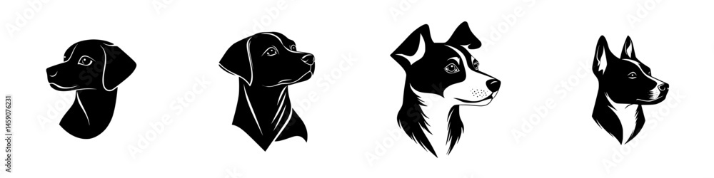 Poster different styles of flat black dog icons representing various breeds in a minimalist design without 