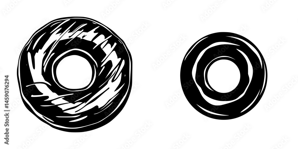 Poster black icon of two donut shapes illustrating different sizes and designs with a simple flat aesthetic