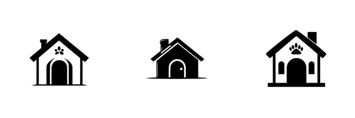 Fototapeta na wymiar Black icons of various house designs representing homes for pets or small animals in a simplified, flat aesthetic