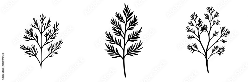 Aufkleber variation of flat black botanical icons depicting branches with symmetrical leaves arranged in a sim