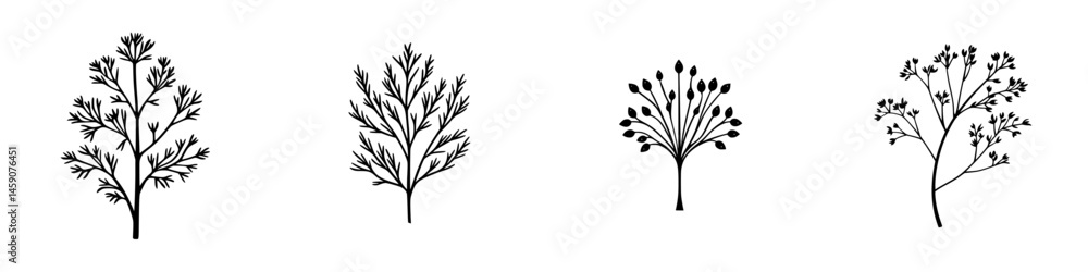 Poster flat black icon of various tree silhouettes displaying unique styles and forms suitable for design a