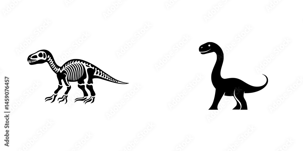 Poster dinosaurs represented as flat black icons showcasing a skeletal structure and a cartoonish figure in