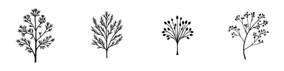 Fototapeta premium Flat black icon of various tree silhouettes displaying unique styles and forms suitable for design and illustration purposes