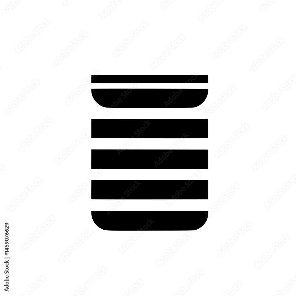 Poster flat black icon depicting a stacked container with horizontal bands for use in various design applic
