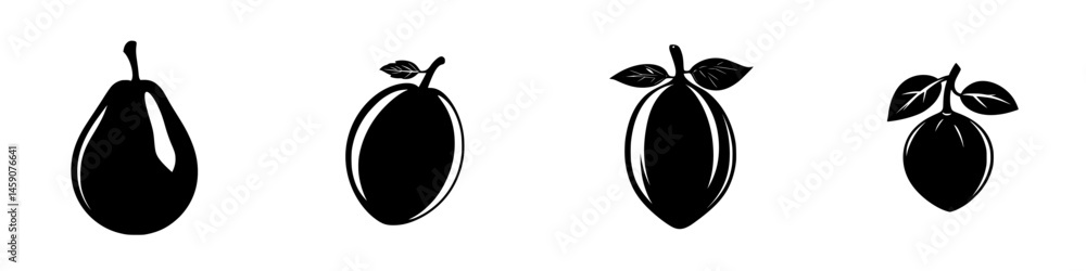 Poster collection of flat black fruit icons representing various varieties and styles suitable for design a