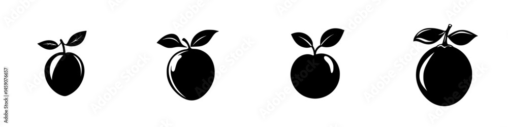 Aufkleber flat black fruit icons arranged in a row with varying shapes, representing different types of fruit 