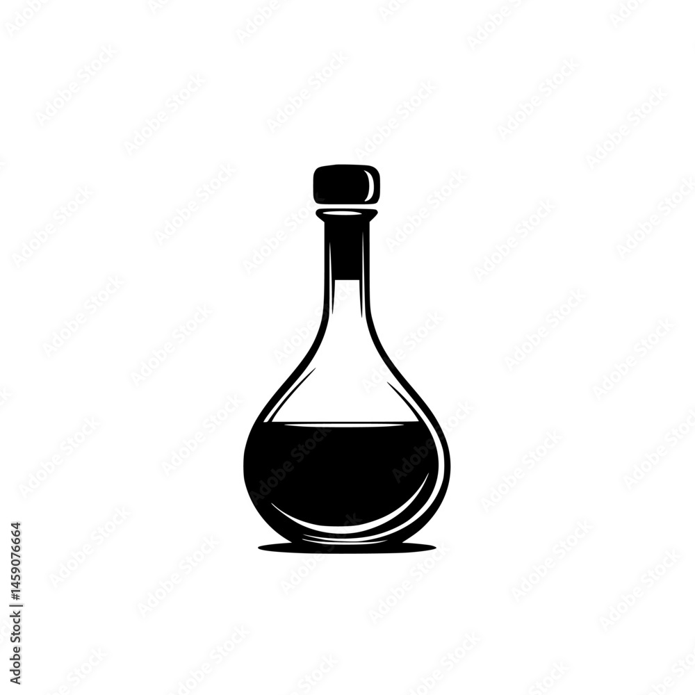 Poster flat black icon of a laboratory flask filled with a dark substance on a plain background suitable fo