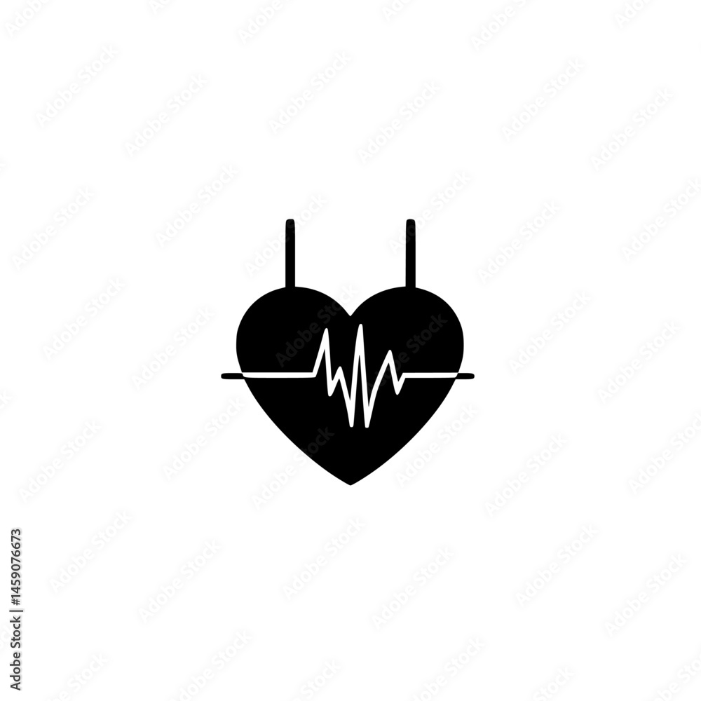 Poster heart monitor icon design featuring a flat black heart shape and an electrocardiogram line intersect