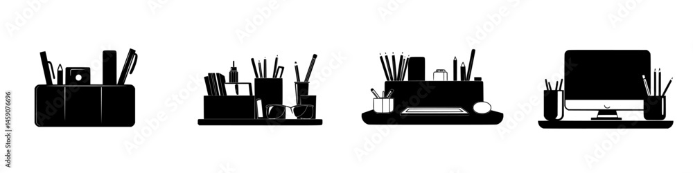 Poster various black icons of desk organizers showcasing stationary items and a computer setup for an effic