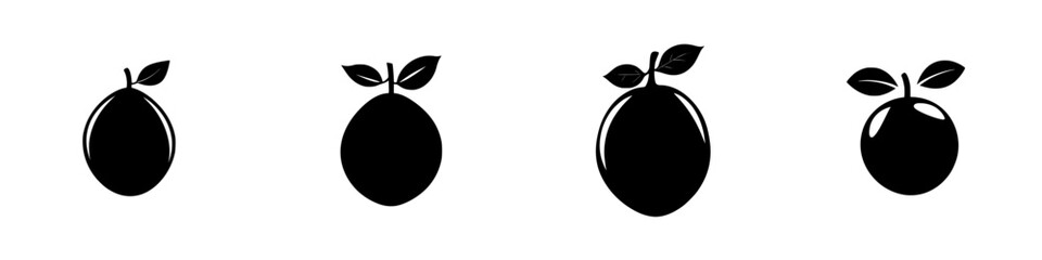 Fototapeta premium Collection of flat black fruit icons with leaves showcasing various shapes and sizes in a minimalist design