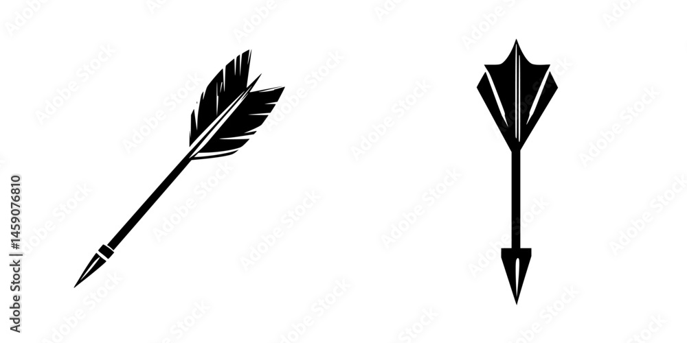 Poster black icons representing an arrow with feathers and a sleek spear design suitable for various applic