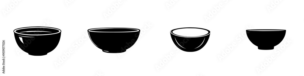 Poster flat black icons of bowls in various sizes displaying simple and modern design elements for graphic 