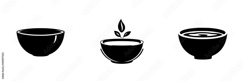 Poster black icon set depicting bowls in various styles emphasizing simplicity and elegance for culinary de