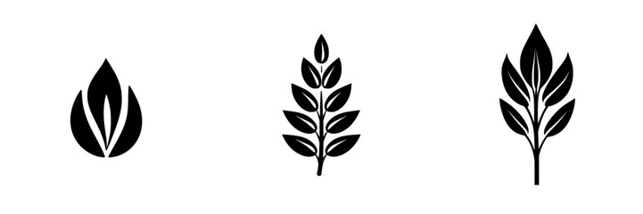 Fototapeta premium Stylized flat black plant icons depicting leaves in various shapes for design use in nature themes