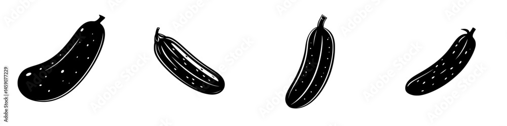 Poster collection of flat black cucumber icons representing different varieties on a simple background