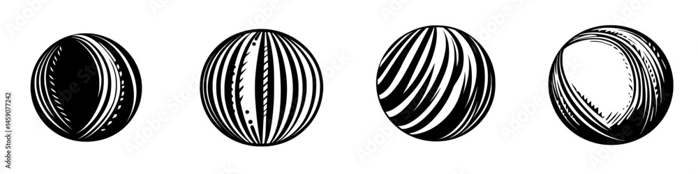 Poster flat black icon depicting four spherical designs showcasing different patterns and textures with a m