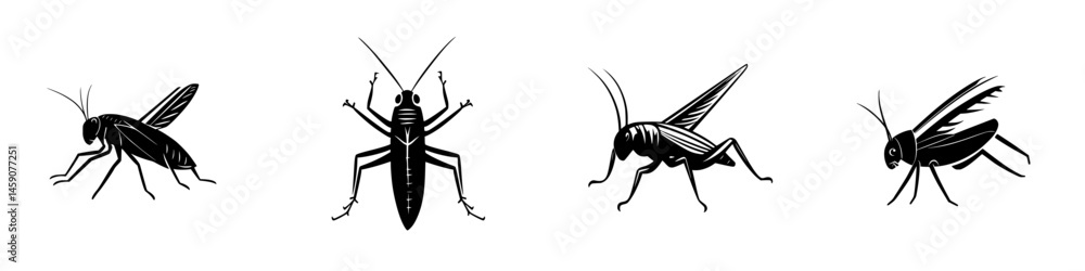 Poster various flat black icons of crickets displayed in a seamless pattern suitable for graphic design pro