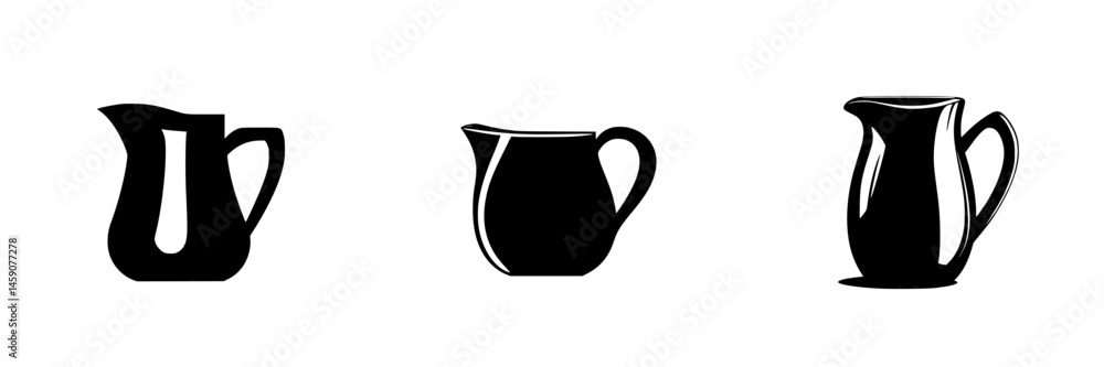 Poster collection of three flat black pitcher icons with varying shapes and designs suitable for modern gra