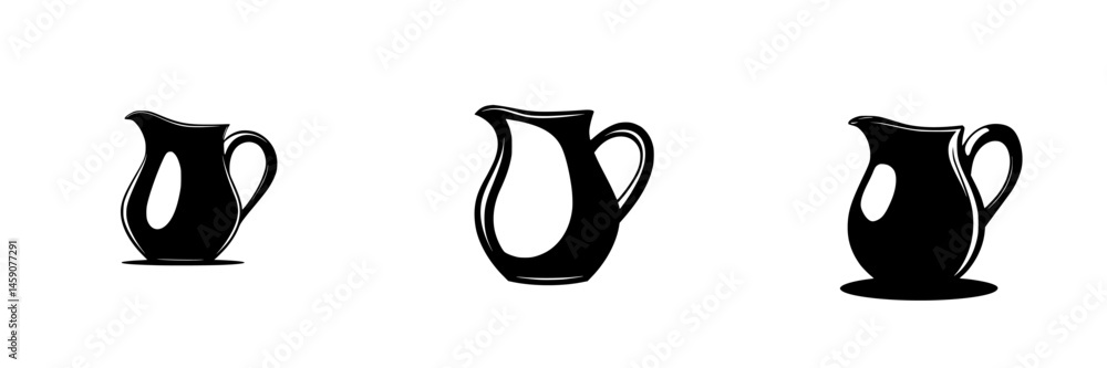 Poster flat black icon representing three different views of a pitcher in simple design format