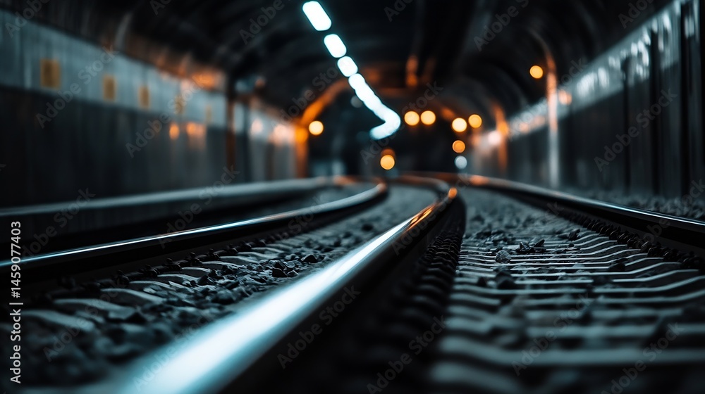 Leinwandbilder close-up view of train tracks curving into a dimly lit tunnel, showcasing the metallic gleam of the 
