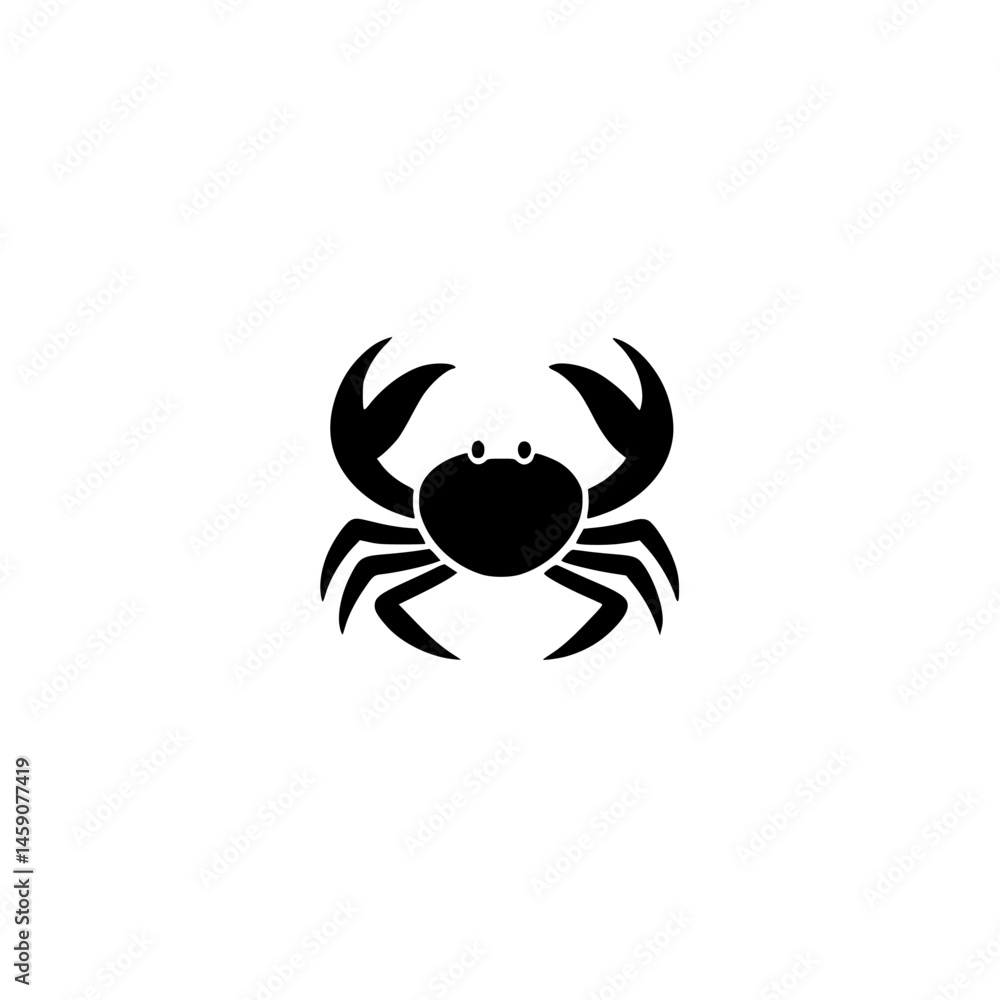 Poster flat black crab icon depicting a simple design with prominent claws and a rounded shell suitable for