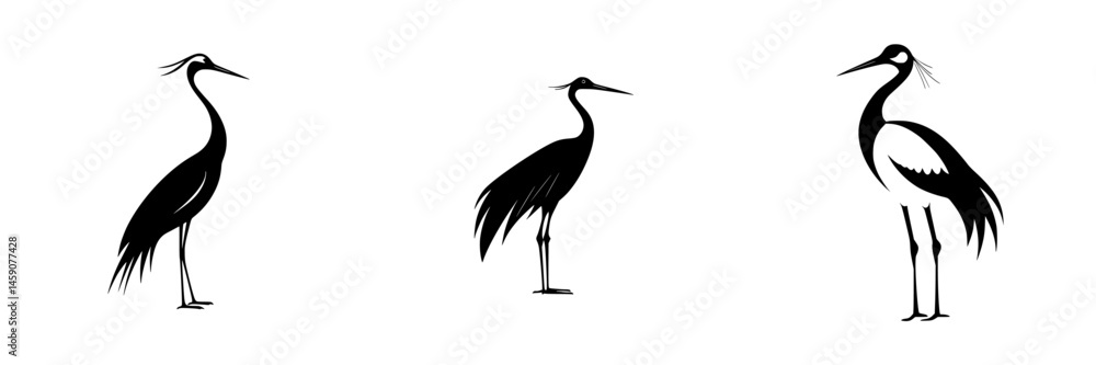 Poster flat black icon representation of various cranes showcasing diverse postures and styles in minimalis