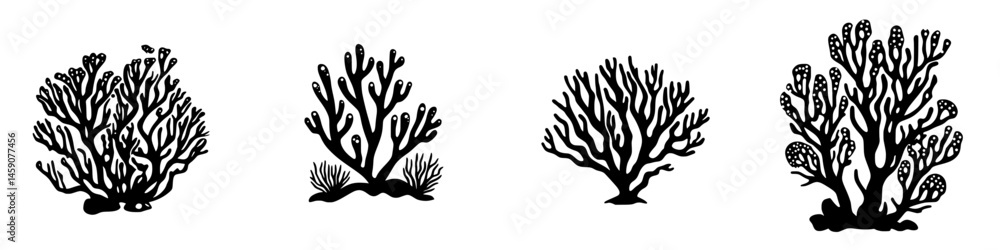 Poster flat black coral icons depicting various types of coral structures with diverse shapes and forms for