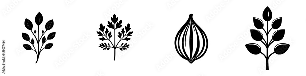 Poster stylized flat black icons representing various plants and herbs arranged in a row for decorative use