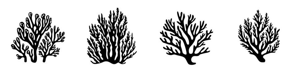 Black coral icons representing various species in a minimalist design for educational or decorative purposes