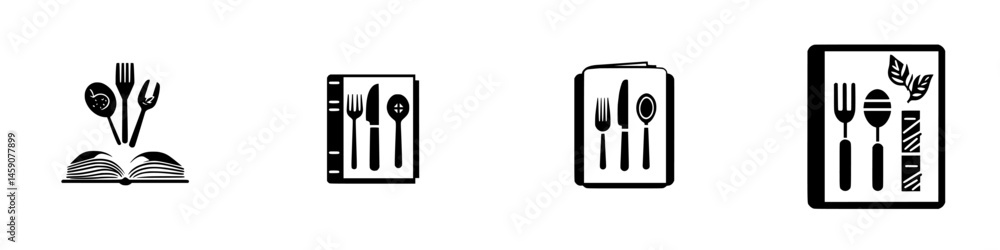 Poster collection of flat black icons representing dining elements and menus in a minimalist style for culi