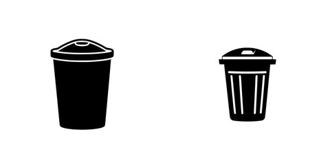 Two flat black icons representing different types of trash bins set against a white background